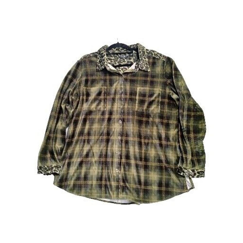 Susan Graver Weekend XL Green Plaid Leopard Accent Tunic Shirt Snap-Front